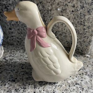 Duck Goose Pink Bow Ceramic Pitcher Vintage